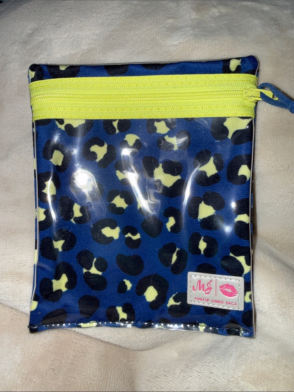 Makeup Junkie Bags Blue Leopard Clear Travel Pouch with Yellow Zipper